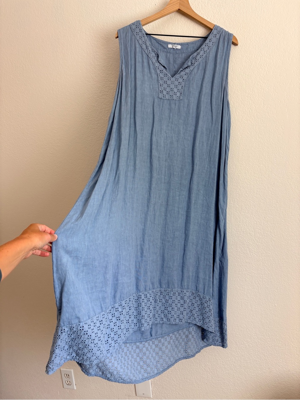 ROSEMARINE 100% Italian Linen Eyelet Placket And Hem Sleeveless Dress
